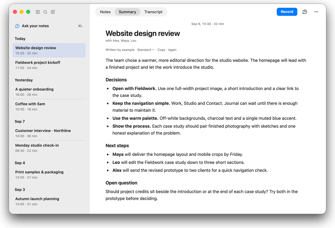 The Simstim window. On the left, a list of recent calls grouped by day. On the right, the summary of a design review: a short paragraph, a list of decisions, next steps with owners and one open question.
